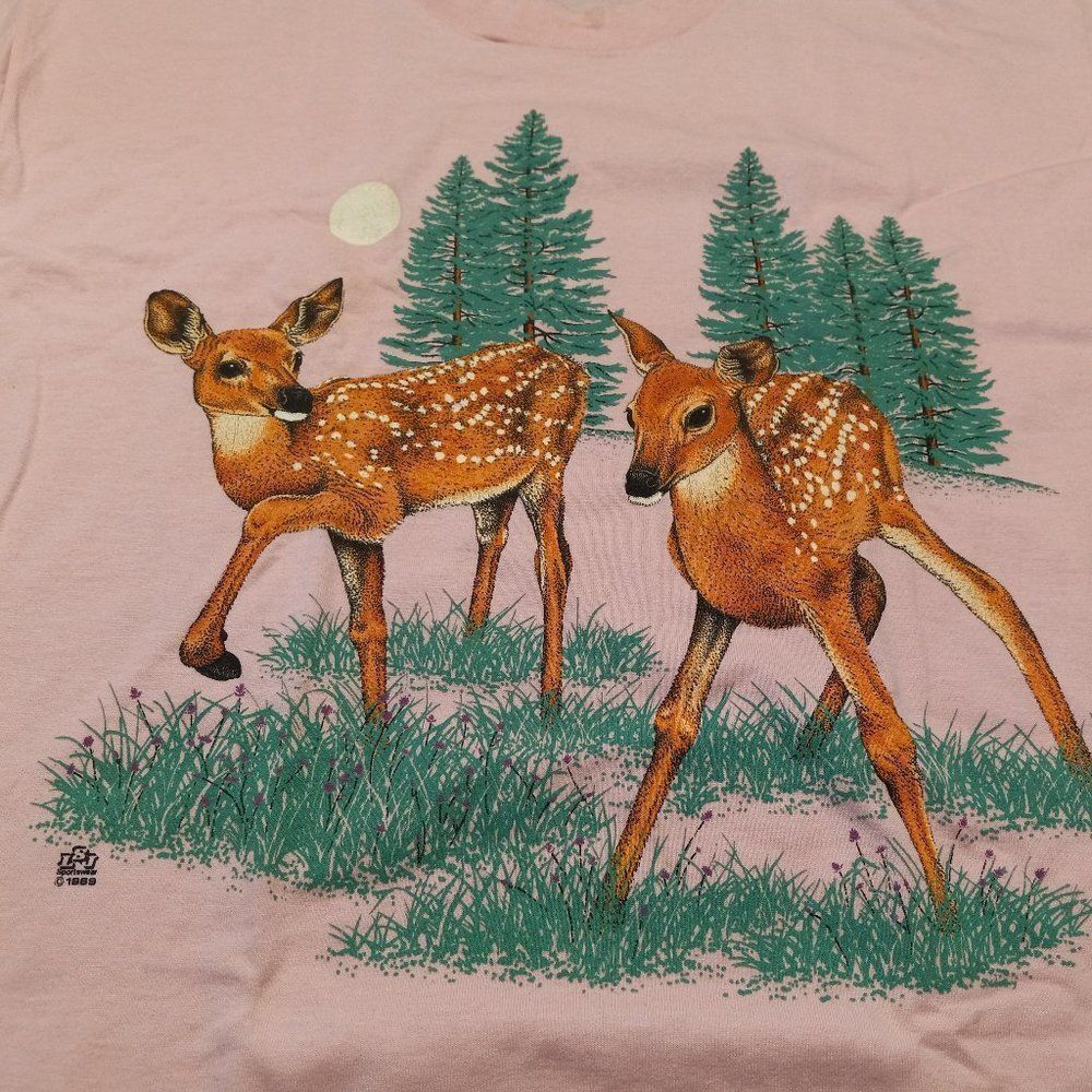 Vintage 1989 two fawns graphics Single Stitched T-shirt